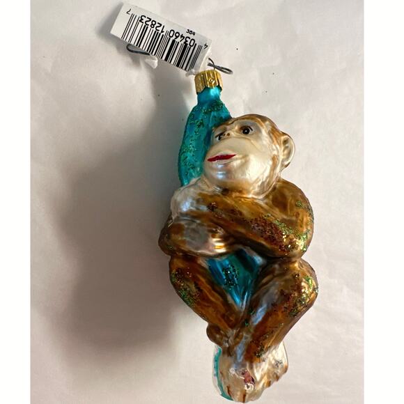 Vintage Glass Monkey on Vine Christmas Ornament Hand-Painted Glitter Accents - Picture 5 of 6
